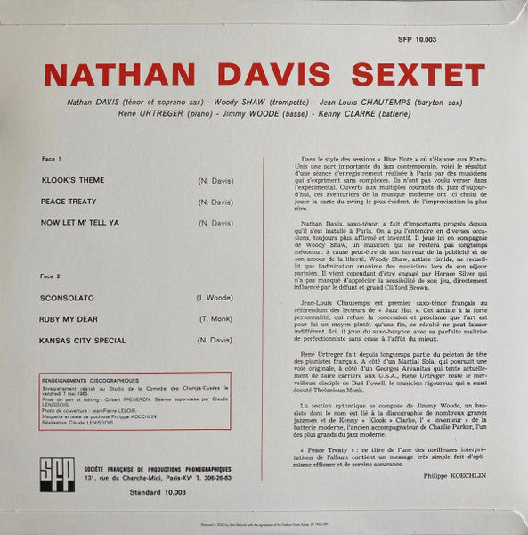 Image of Back Cover of LP - VG/VG+ - THE NATHAN DAVIS SEXTET, Peace Treaty (Sam Records; SR17/1, France 2020 Reissue, Flipback Sleeve, Company Inner, Remastered), Light wear to sleeve. ,  - 3945232S
