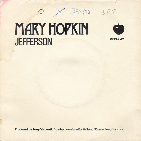 Image of Back Cover of 7" - VG/VG - MARY HOPKIN, Water, Paper & Clay (Apple Records; APPLE 39, UK 1971, Picture Sleeve, Solid Centre), ,  - 3516113C