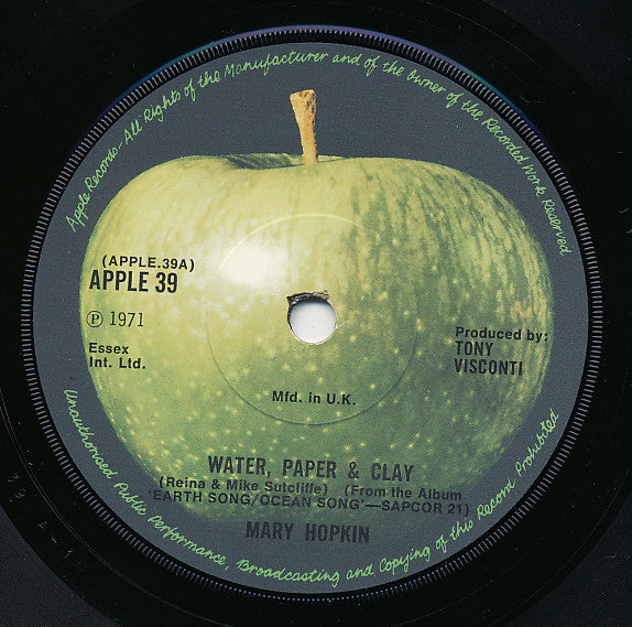 Image of Label Cover of 7" - VG/VG - MARY HOPKIN, Water, Paper & Clay (Apple Records; APPLE 39, UK 1971, Picture Sleeve, Solid Centre), ,  - 3516113C