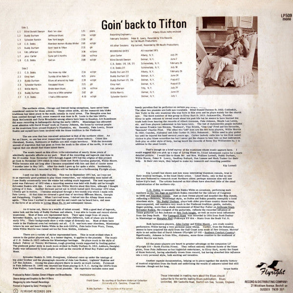 Image of Back Cover of LP - VG/VG+ - VARIOUS, Goin' Back To Tifton (Flyright Records; LP 509, UK 1974, Laminated Front Sleeve, Insert), Sleeve worn with light mottling / staining; split seam at bottom. Insert lightly mottled too,  - 3915543C
