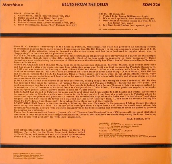 Image of Back Cover of LP - VG/G+ - VARIOUS, Blues From The Delta (Saydisc Matchbox; SDM 226, UK 1972, Laminated Sleeve), Some creasing to laminate. Disc has light marks only.,  - 1816356C