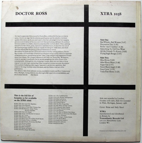 Image of Back Cover of LP - VG/G+ - DOCTOR ROSS, Doctor Ross (XTRA; XTRA 1038, UK 1966, Laminated Front Sleeve), Light Marks only.,  - 3915449C