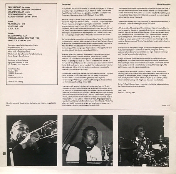 Image of Back Cover of LP - VG/VG+ - RALPH MOORE QUINTET, Rejuvenate! (Criss Cross Jazz; Criss 1035, Netherlands 1989), Old barcode sticker on reverse,  - 3915568C