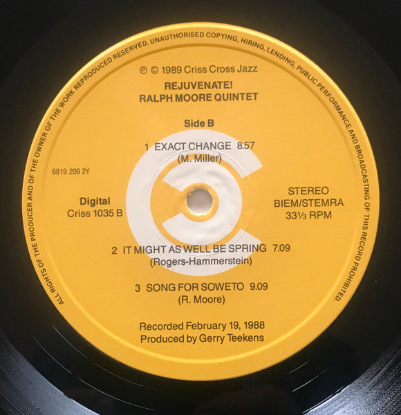 Image of Label Cover of LP - VG/VG+ - RALPH MOORE QUINTET, Rejuvenate! (Criss Cross Jazz; Criss 1035, Netherlands 1989), Old barcode sticker on reverse,  - 3915568C