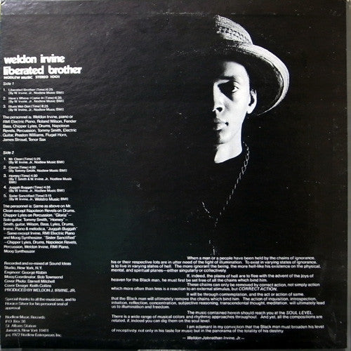 Image of Back Cover of 3945256S: LP - WELDON IRVINE, Liberated Brother (Nodlew Music; 1001, US Reissue) Opened Instore, Still In Shrinkwrap  EX/EX