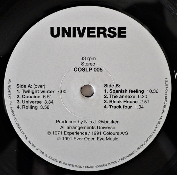 Image of Label Cover of 0346252S: LP - UNIVERSE, Universe (Colours; COSLP 005, Norway 1991 Reissue, Textured Sleeve, Booklet) Light staining on back of sleeve. Creasing.  VG+/VG+