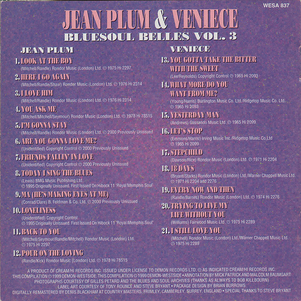Image of Back Cover of 3955320S: CD - JEAN PLUM & VENIECE, Bluesoul Belles Vol. 3: The Hi Recordings 1965-1978 (Westside; WESA 837, UK 1999)   VG+/VG+