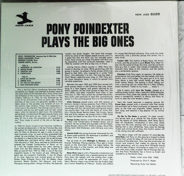 Image of Back Cover of LP - VG+/VG+ - PONY POINDEXTER, Plays The Big Ones (New Jazz; NJ 8285, US ), ,  - 3925427E