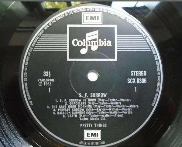 Image of Label Cover of LP - G+/G - PRETTY THINGS, S. F. Sorrow (Columbia; SCX 6306, UK 1971 Reissue, Laminated Gatefold Sleeve, Boxed "EMI" logo appearing twice on label.), Hairlines and scratches all over disc. Surface noise. Edge wear, staining, laminate creasing.,  - 4045046S