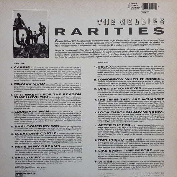 Image of Back Cover of 4015011C: LP - THE HOLLIES, Rarities (EMI; EMS1311, UK 1988)   VG/VG+