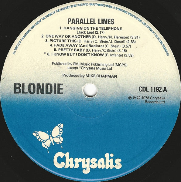 Image of Label Cover of LP - VG+/VG+ - BLONDIE, Parallel Lines (Chrysalis; CDL 1192, UK 1978, Inner, Two Lines of Publisher Credits on Label, Blue Rim Text, P in Runouts), ,  - 3526194E