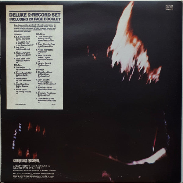 Image of Back Cover of 2xLP - VG/G+ - DUANE ALLMAN, An Anthology (Capricorn; K67502, UK 1972, Gatefold, Booklet), Tracklist sticker on rear. Large crease and heavy wear to top left corner and spine. ,  - 3526304E