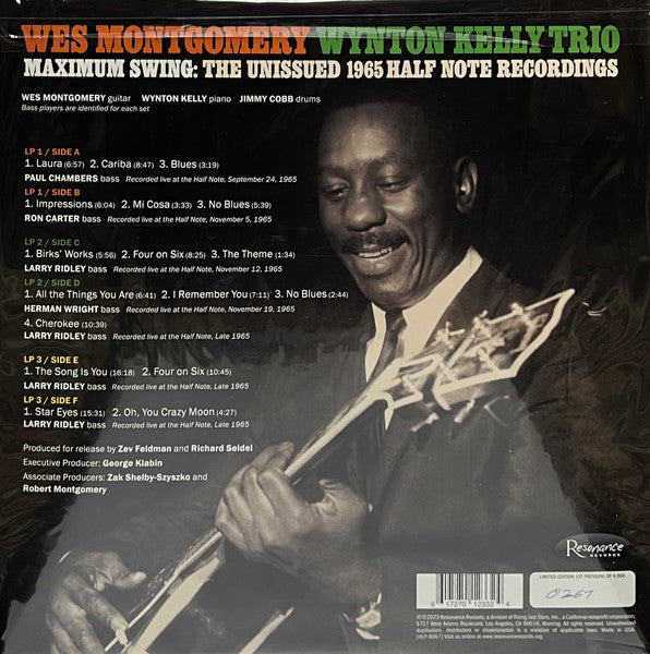 Image of Back Cover of 4025091E: 3xLP - WES MONTGOMERY / WYNTON KELLY TRIO, Maximum Swing: The Unissued 1965 Half Note Recordings (Resonance Records; HLP-9067, US 2023, Triple Gatefold, Booklet, RSD Numbered Limited Editionof 4000) No.2150  VG+/EX