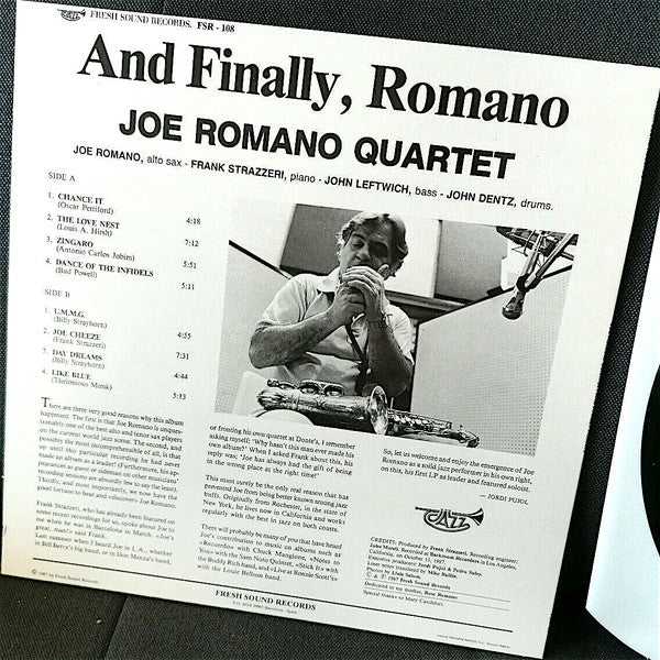 Image of Back Cover of LP - VG/EX - JOE ROMANO QUARTET, JOE ROMANO (2), FRANK STRAZZERI, JOHN LEFTWICH, JOHN DENTZ, And Finally, Romano (Fresh Sound Records; FSR-108, Spain 1987), ,  - 4025096E
