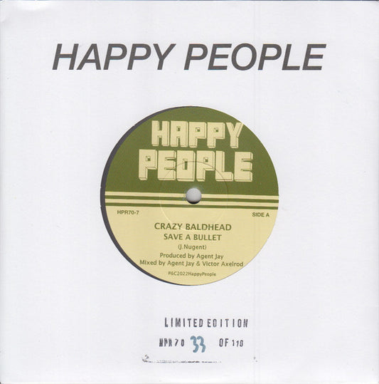 Image of Front Cover of 4015123C: 7" EP - CRAZY BALDHEAD, Save A Bullet (Happy People; HPR70-7, UK 2022, Company Sleeve, Limited Edition / Solid Centre / Grey Marbled Vinyl)   EX/EX