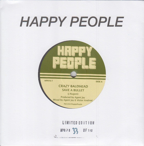 Image of Front Cover of 7" EP - EX/EX - CRAZY BALDHEAD, Save A Bullet (Happy People; HPR70-7, UK 2022, Company Sleeve, Limited Edition / Solid Centre / Grey Marbled Vinyl), ,  - 4015123C