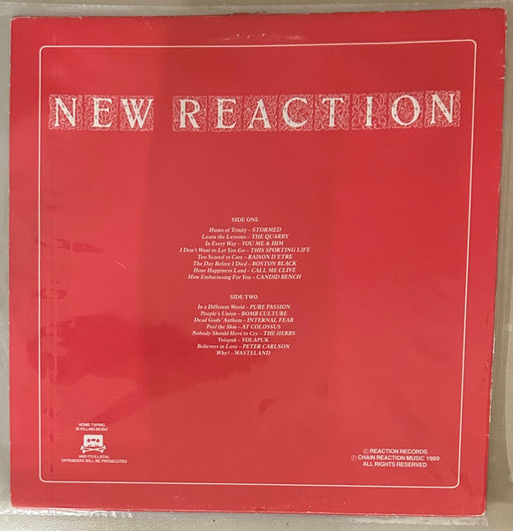 Image of Back Cover of 12" - VG/VG - VARIOUS, New Reaction (Reaction Records; UNREST 15, UK 1989), Sleeve has creases. Vinyl has slight warp but not too bad.,  - 4025131E