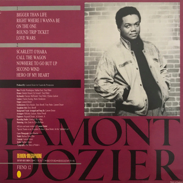 Image of Back Cover of LP - VG/EX - LAMONT DOZIER, Bigger Than Life (Demon Records; FIEND 12, UK 1983, Insert), Light ringwear and light creasing on sleeve.,  - 4246194S