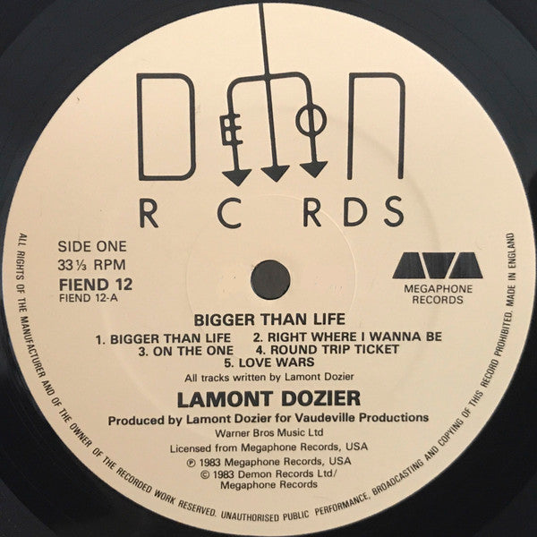 Image of Label Cover of LP - VG/EX - LAMONT DOZIER, Bigger Than Life (Demon Records; FIEND 12, UK 1983, Insert), Light ringwear and light creasing on sleeve.,  - 4246194S