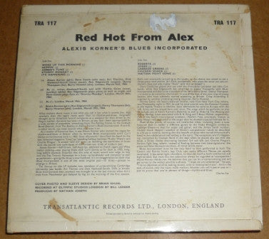 Image of Back Cover of LP - VG/G+ - ALEXIS KORNER'S BLUES INCORPORATED, Red Hot From Alex (Transatlantic Records; TRA 117, UK 1964, Laminated Flipback Sleeve), Plays through with low surface noise, mostly audible during quieter parts.,  - 4045118S