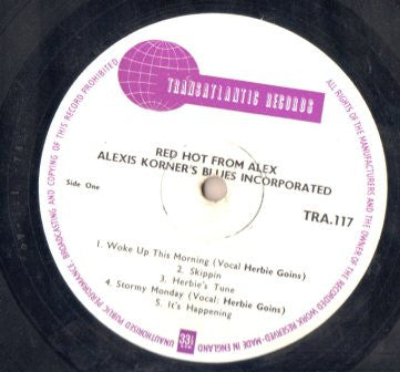 Image of Label Cover of LP - VG/G+ - ALEXIS KORNER'S BLUES INCORPORATED, Red Hot From Alex (Transatlantic Records; TRA 117, UK 1964, Laminated Flipback Sleeve), Plays through with low surface noise, mostly audible during quieter parts.,  - 4045118S