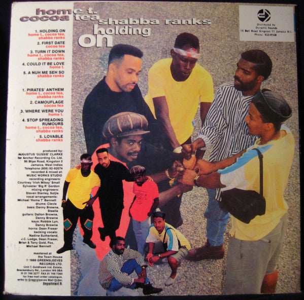 Image of Back Cover of LP - G+/G+ - HOME T. & COCOA TEA & SHABBA RANKS, Holding On (Music Works Records; VPRL 1099, Jamaica 1989), Lots of light marks, plays well above grade. Wear and partial splits on sleeve, still looks nice.,  - 4025362E