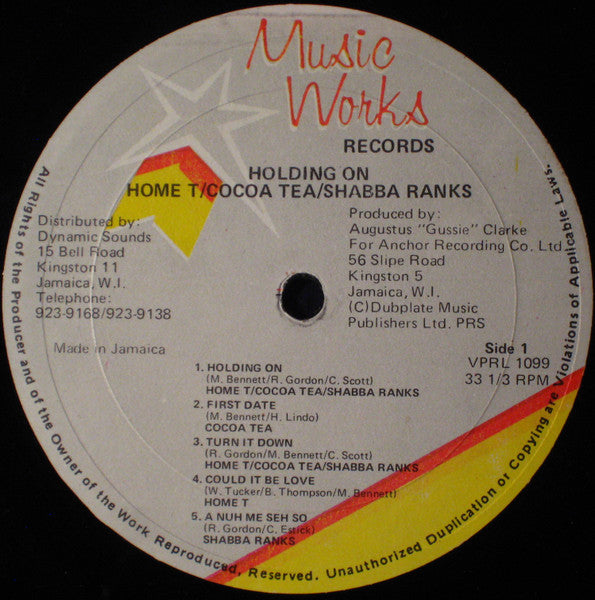 Image of Label Cover of LP - G+/G+ - HOME T. & COCOA TEA & SHABBA RANKS, Holding On (Music Works Records; VPRL 1099, Jamaica 1989), Lots of light marks, plays well above grade. Wear and partial splits on sleeve, still looks nice.,  - 4025362E