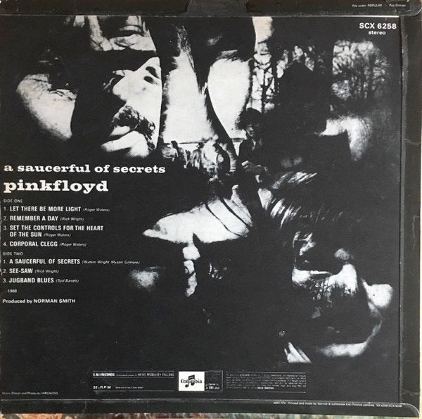 Image of Back Cover of LP - VG/G+ - PINK FLOYD, A Saucerful of Secrets (Columbia Blue/Black; SCX6258, UK 1968, Flipback Slv, Stereo), Record Plays Almost VG, Light Surface Noise. Sleeve Has Writting On The Back. Cellotape Marks And A Corner Tear.,  - 4046227S