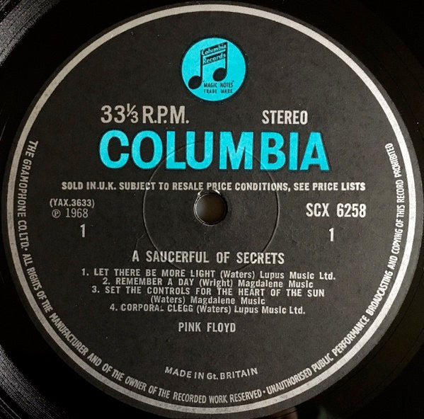 Image of Label Cover of LP - VG/G+ - PINK FLOYD, A Saucerful of Secrets (Columbia Blue/Black; SCX6258, UK 1968, Flipback Slv, Stereo), Record Plays Almost VG, Light Surface Noise. Sleeve Has Writting On The Back. Cellotape Marks And A Corner Tear.,  - 4046227S