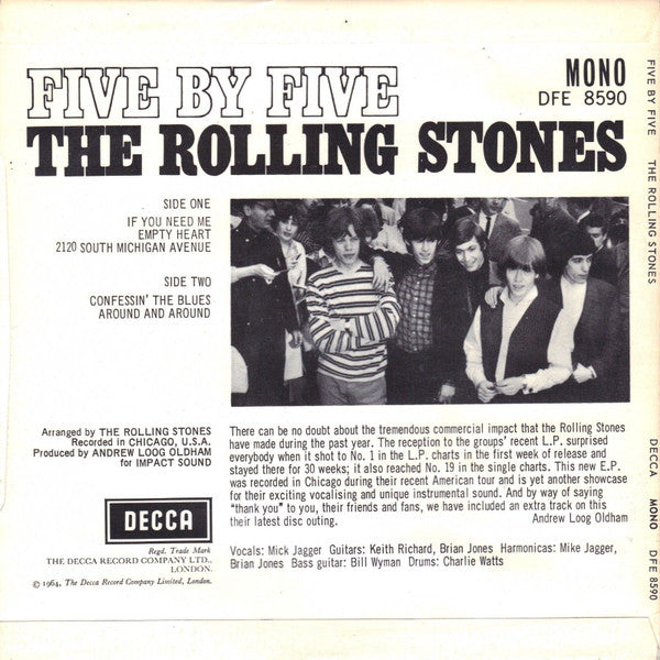 Image of Back Cover of 7" EP - VG/VG+ - THE ROLLING STONES, Five By Five (Decca; DFE 8590, UK 1982 Reissue, Picture Sleeve, Solid Centre), Strong VG+, Small Chunk Missing From Spine,  - 5125114E