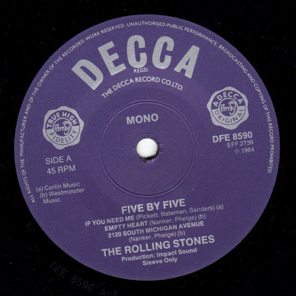 Image of Label Cover of 7" EP - VG/VG+ - THE ROLLING STONES, Five By Five (Decca; DFE 8590, UK 1982 Reissue, Picture Sleeve, Solid Centre), Strong VG+, Small Chunk Missing From Spine,  - 5125114E