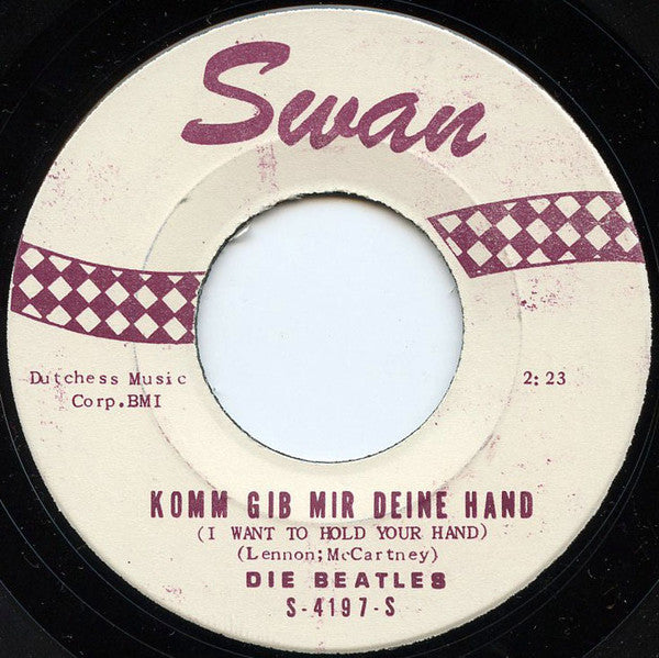 Image of Front Cover of 7" - /VG - THE BEATLES, Komm Gib Mir Deine Hand (I Want To Hold Your Hand) / How Do You Do It (Swan; 4197, US 1978, Plain Sleeve, Unofficial Release), Strong VG, Generic sleeve with nice 'Specially Imported' Sticker,  - 4015385C