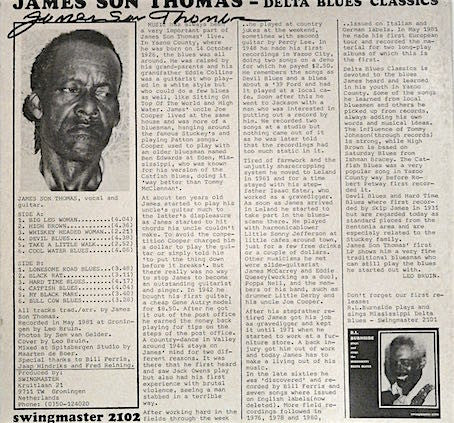Image of Back Cover of LP - VG/VG+ - JAMES SON THOMAS, Plays And Sings Delta Blues Classics (Swingmaster ; 2102, Netherlands 1981), Strong VG+, Corner Bumps,  - 4025441E