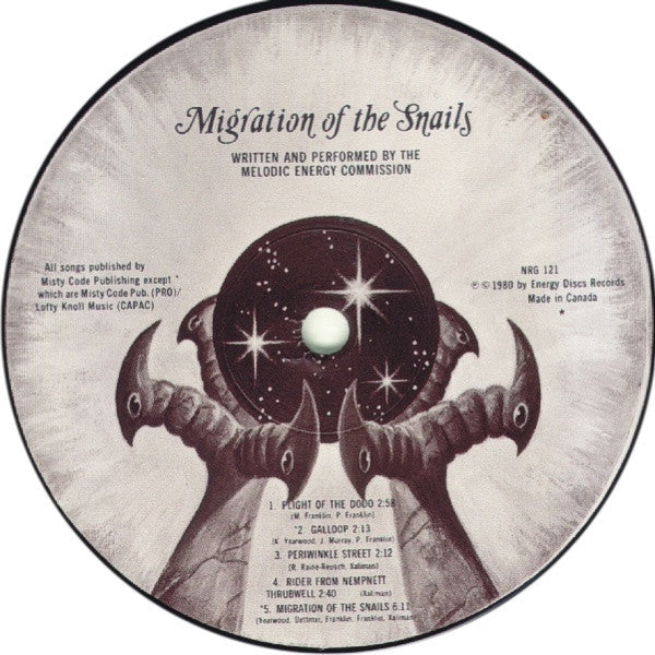 Image of Label Cover of LP - VG/EX - MELODIC ENERGY COMMISSION, Migration Of The Snails (Energy Discs ; NRG 121, Canada 1980, Insert, Poster), Sticker Damage To Sleeve,  - 4025437E