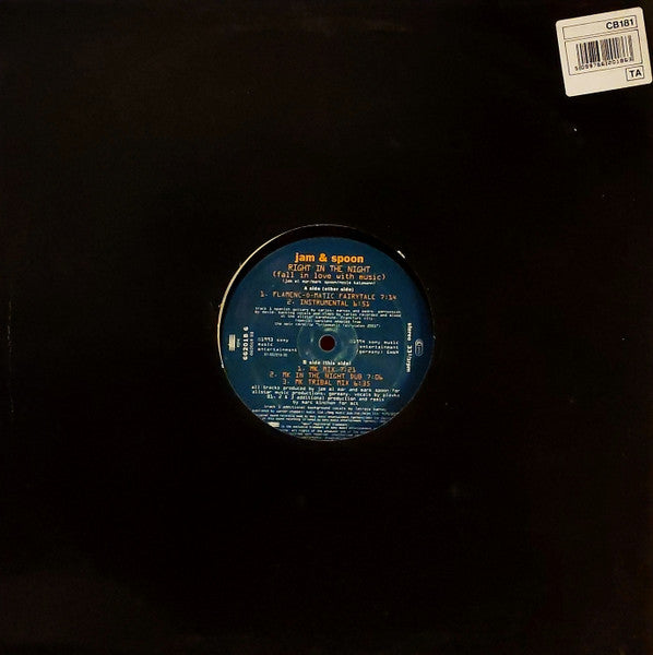 Image of Back Cover of 12" - VG/VG+ - JAM & SPOON, Right In The Night (Fall In Love With Music) (Epic; 662018 6, UK 1995, Stickered Plain Die Cut Sleeve), ,  - 4016571C