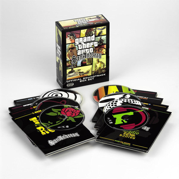 Image of Label Cover of 8xCD - G+/VG+ - VARIOUS, Grand Theft Auto San Andreas (Official Soundtrack Box Set) (Interscope Records; 0602498649039, US 2004, Box Set), Box has scuffed corners and disc "the Party on" has light marks, plays fine.,  - 4135049E