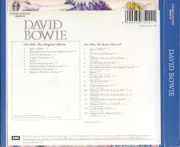 Image of Back Cover of 2xCD -  - DAVID BOWIE, David Bowie (EMI; DBSOCD 40, UK & Europe 2009, Double Digipak, Booklet), ,  - 1936252E
