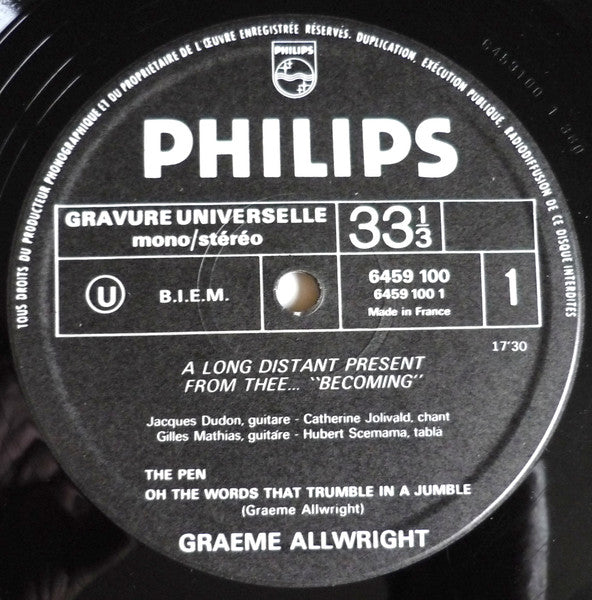 Image of Label Cover of 4115148C: LP - GRAEME ALLWRIGHT, A Long Distant Present From Thee..."Becoming" (Mercury; 6459 100, France 1970, Trifold Sleeve) Hairline Marks   VG/G+