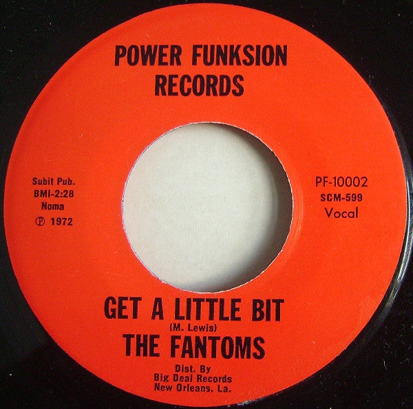 Image of Back Cover of 7" - /G+ - THE FANTOMS, Junk / Get A Little Bit (Power Funksion Records; PF-10002, US 1972), Record lightly marked on each side, a more visable one on A-side, though all play through without clicks or notable background noise. A very slight warp that isn't noticeable when played. A-side label has some very minor damage / wear,  - 4115226C