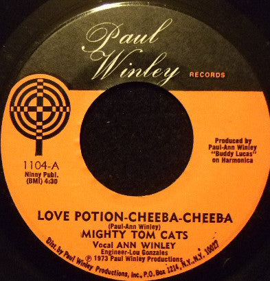 Image of Front Cover of 7" - /VG - MIGHTY TOM CATS, Love Potion-Cheeba-Cheeba / Finger It In (Paul Winley Records; 1104, US 1973), Record has a few minor pressing flaws. Faded stamp and a little patch of wear on A-side label ,  - 4115227C