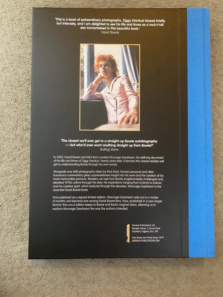 Image of Back Cover of Book - VG+/VG+ - DAVID BOWIE, PHOTOGRAPHS BY MICK ROCK, Moonage Daydream : The Life And Times Of Ziggy Stardust (Genesis Publications; 9781905662722, UK 2022 Reissue, Hardback), Corner bump., In 2002, David Bowie and Mick Rock created Moonage Daydream, the defining document of the life and times of Ziggy Stardust, it remains the closest readers will get to understanding Bowie through his own words. - 0616239C