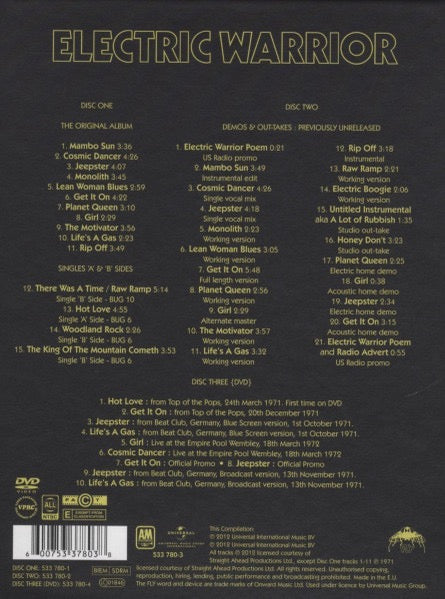 Image of Back Cover of 3xCD - VG+/VG+ - T. REX, Electric Warrior (40th Anniversary Super Deluxe Edition) (Universal Music Group International; 533 780-3, Europe 2012 Reissue, Box Set, Hardback Book, Includes DVD, Hardback Book, Poster, Coaster & Memorabilia.), Nice copy showing minimal sign of use.,  - 4115309C