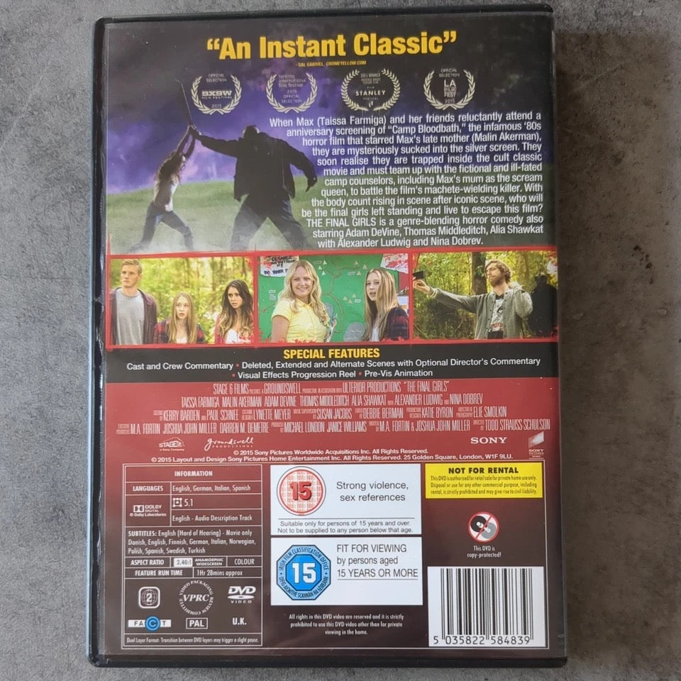 Image of Back Cover of DVD - VG/VG+ - TODD STRAUSS-SCHULSON, The Final Girls (Sony; CDRE5848, Europe 2015), ,  - 4115402C