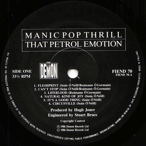 Image of Label Cover of LP - VG/VG+ - THAT PETROL EMOTION, Manic Pop Thrill (Demon Records; FIEND 70, UK 1986, Inner, Blue Text on Rear Sleeve), ,  - 1046152S