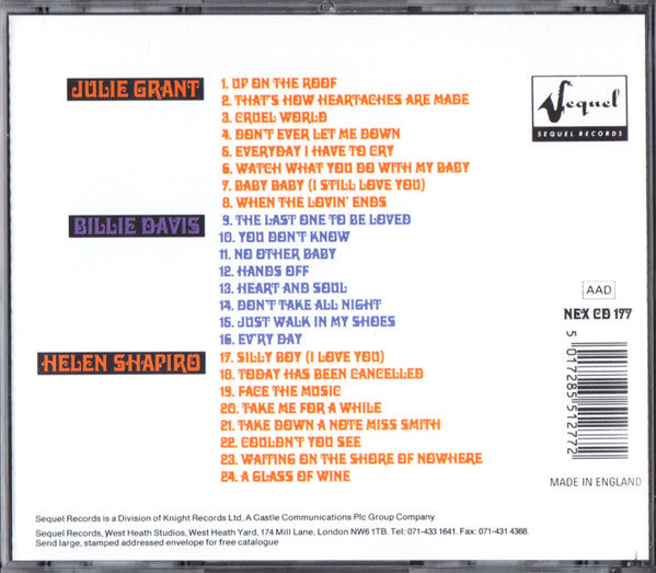 Image of Back Cover of 4155257S: CD - JULIE GRANT / BILLIE DAVIS / HELEN SHAPIRO, Take 3 Girls: Here Come The Girls Volume 2 (Sequel Records; NEX CD 177, UK 1991)   VG+/VG+