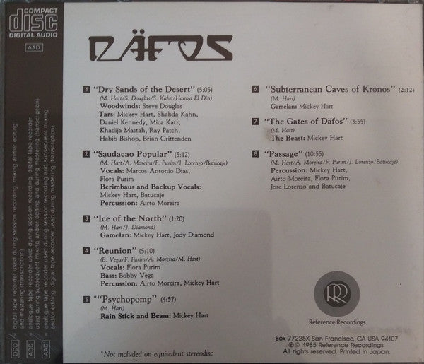 Image of Back Cover of CD - VG+/VG+ - MICKEY HART, AIRTO*, FLORA PURIM, D fos (Reference Recordings; RR-12CD, US 1984), ,  - 4155269S