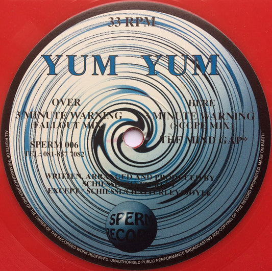 Image of Front Cover of 12" - VG/G+ - YUM YUM, 3 Minute Warning (Sperm Records; SPERM006, UK 1994, Die Cut Company Sleeve, Black Vinyl, Not Misspress, however, reverse label is black and grey instead of colour), Black Vinyl, Not Misspress, however, reverse label is black and grey instead of colour. Light hairlines and scuffs. Some minor creasing to sleeve., A		3 Minute Warning (Fallout Mix)B1		3 Minute Warning (Scope Mix)B2		The Mind Gap - 4215093C