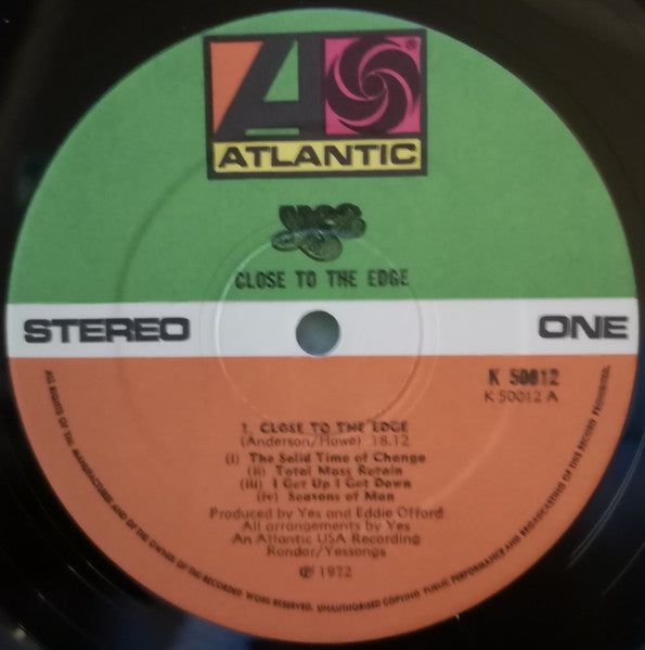 Image of Label Cover of LP - VG/VG - YES, Close To The Edge (Atlantic Orange & Green - No W Logo On Label Rim; K 50012, UK 1972, Silver Trim Around Title And Band; Gatefold Sleeve, Inner, 2nd Issue. Made In UK On B Side Label Only, No V Below Matrix. ), A3/B2. Hairlines. Edge and ring wear, small sticker damage.,  - 2546286S