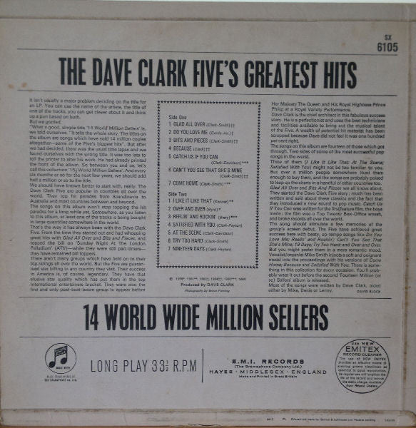 Image of Back Cover of 4215168C: LP - THE DAVE CLARK FIVE, The Dave Clark Five's Greatest Hits (Columbia; SX 6105, UK 1967 Reissue, Laminated Flipback Sleeve)   VG/VG