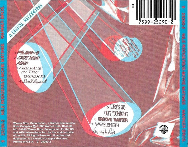 Image of Back Cover of 4235106E: CD - NILE RODGERS, B-Movie Matinee (Warner Bros. Records; 9 25290-2, US 1985, Jewel Case)   VG+/VG+